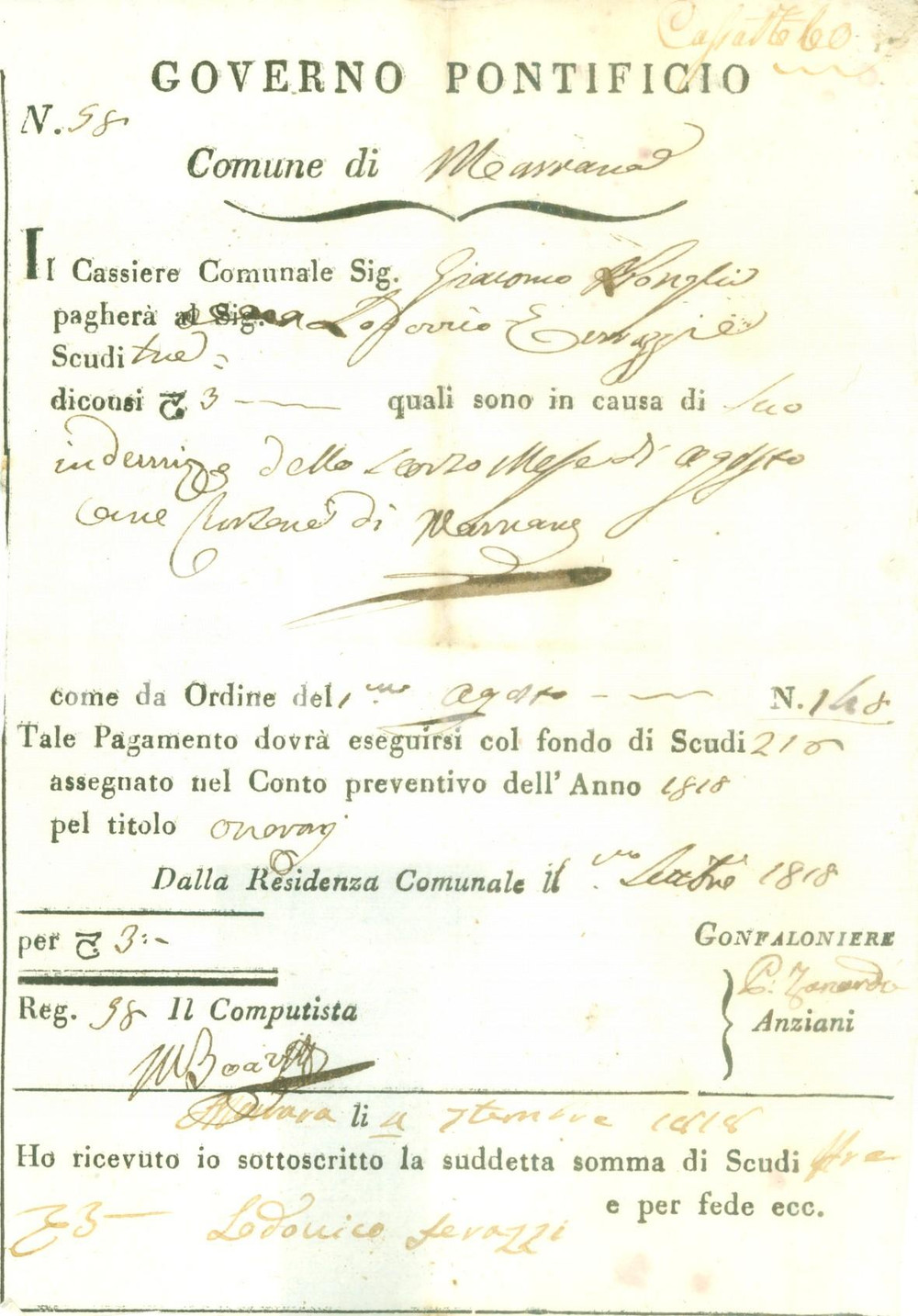 Documento originale, autentico 1818 FERRARA Onorario Lodovico TERRAZZI cursore di MARRARA Documento 1