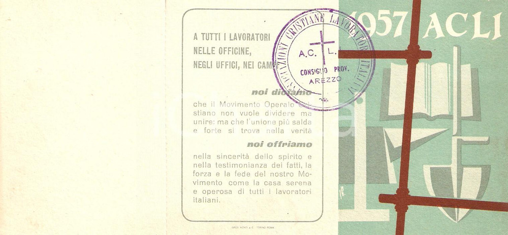 Oggetto da collezione cartaceo 1957 AREZZO Circolo ACLI Tessera non compilata Bollo AGIS 1 1