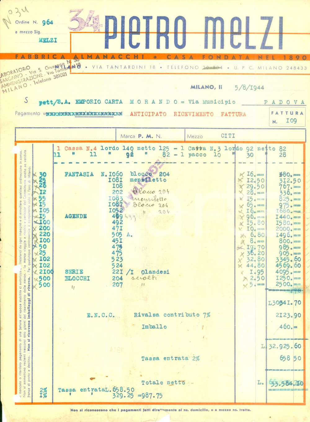 Documento originale, autentico 1944 MILANO Pietro MELZI Fabbrica almanacchi Fattura commerciale 1