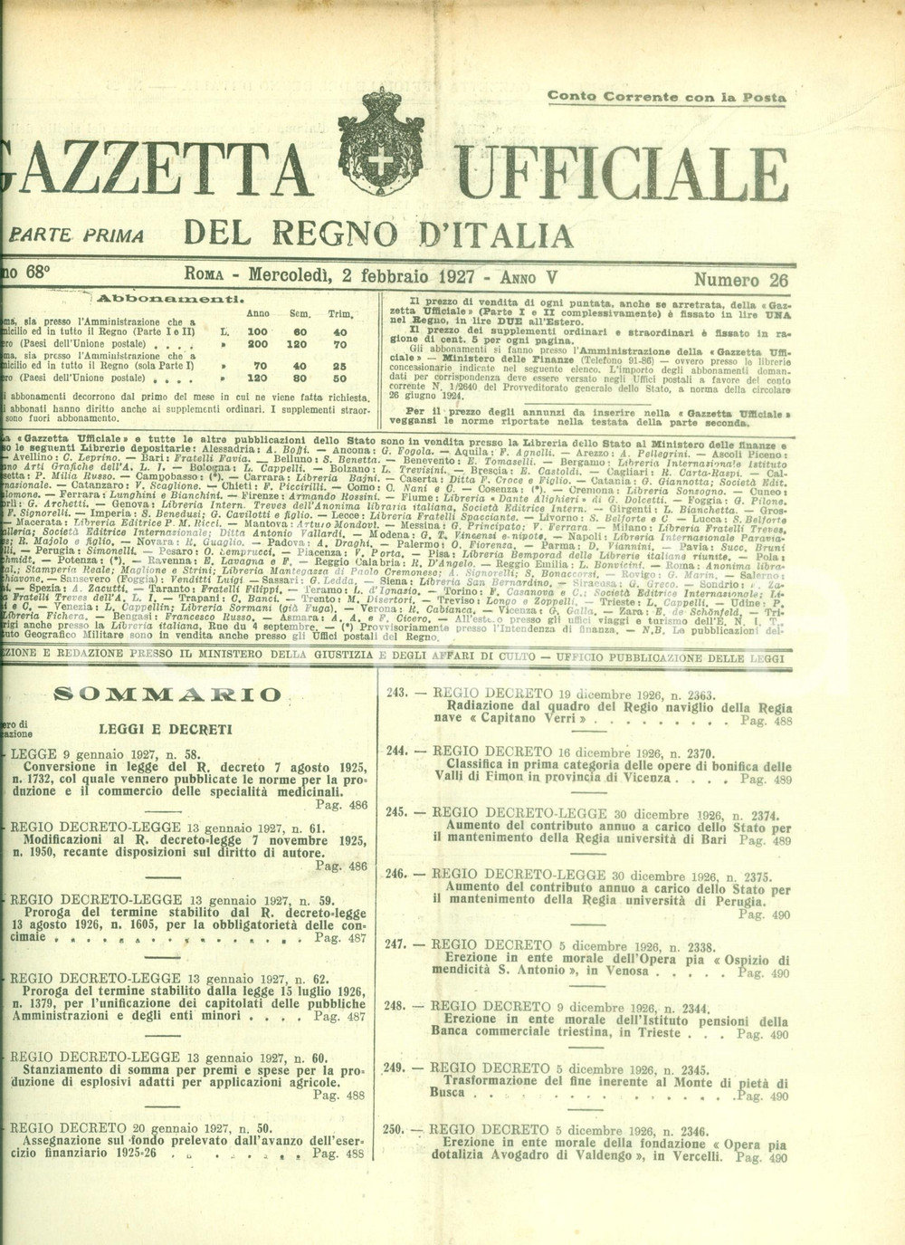 Documento originale, autentico 1927 GAZZETTA UFFICIALE DEL REGNO D ITALIA Norme per uffici del lavoro nei porti 1