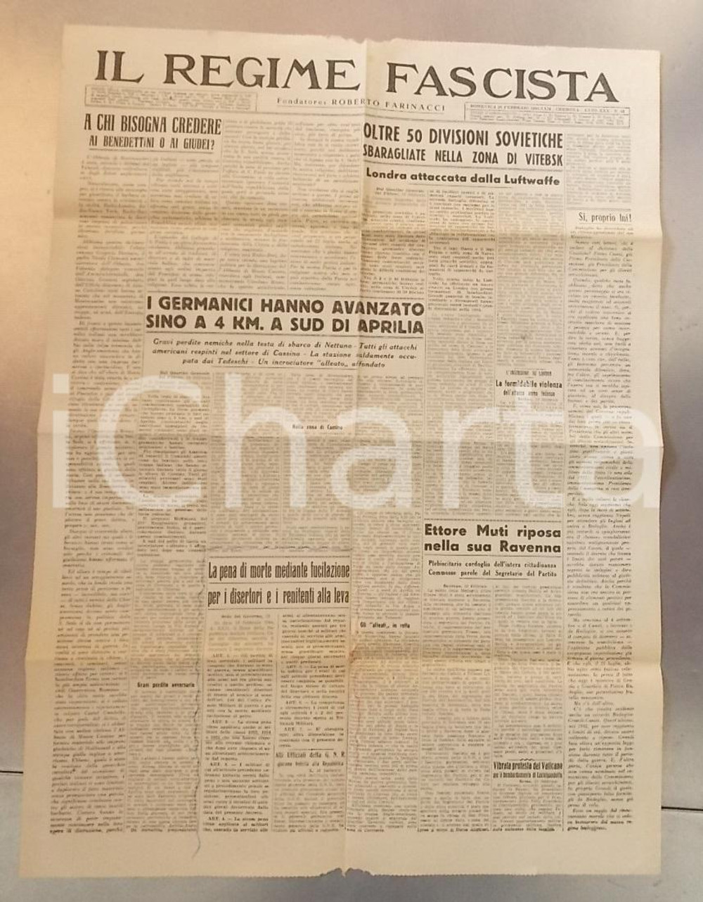 1944 IL REGIME FASCISTA RSIA chi credere? Ai benedettino o ai giudei? *Giornale Giornale d'epoca, originale, autentico.PAGINE: 2DIMENSIONI: cm 43 x 58CONDIZIONI: G    originale e autentica 1