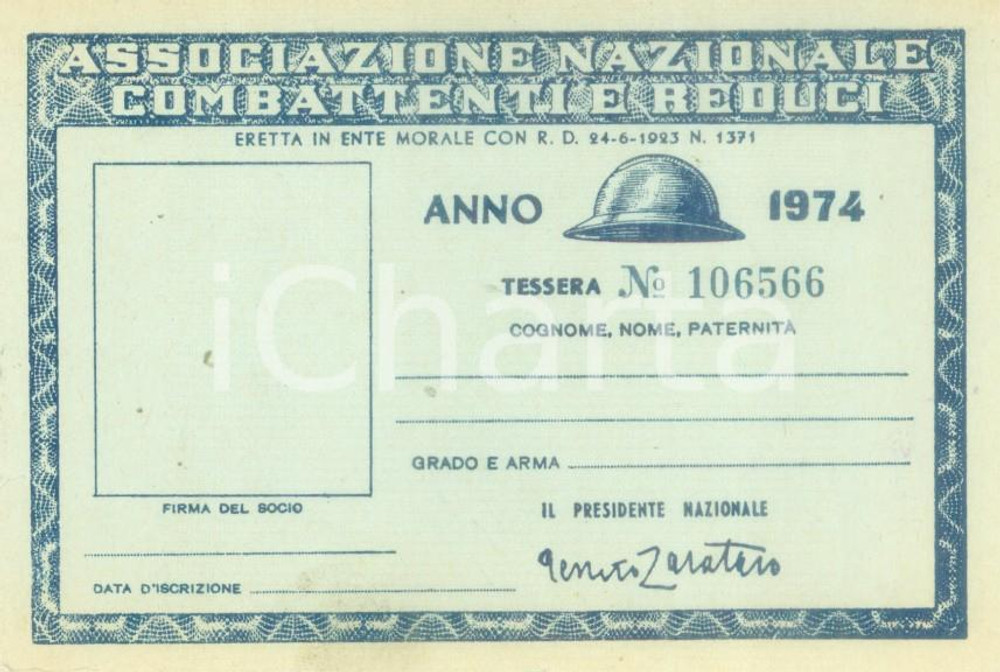 Oggetto da collezione cartaceo 1974 TERNI Associazione Nazionale Combattenti  Tessera non compilata 1