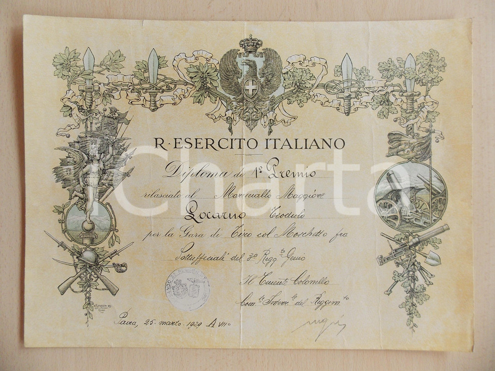 Documento originale, autentico 1929 PAVIA Diploma Maresciallo Teodulo LOCARNO per gara tiro col moschetto 1