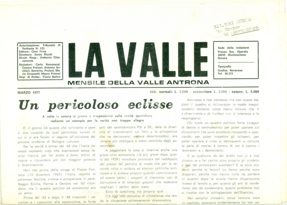 Giornale, rivista storica 1977 Mensile LA VALLE ANTRONA Come risolvere crisi economica e politica? 1