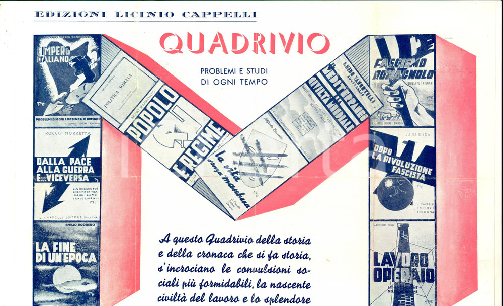 Materiale pubblicitario d’epoca 1930 ca Edizioni LICINIO CAPPELLI Collana QUADRIVIO sul fascismo Pubblicitario 1