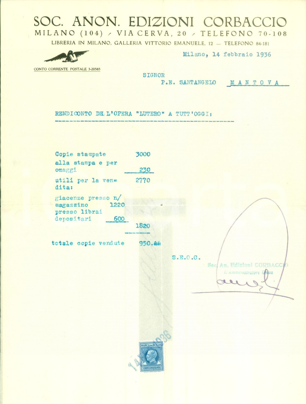 Documento originale, autentico 1936 MILANO Edizioni CORBACCIO invia rendiconto vendite Paolo Ettore SANTANGELO 1
