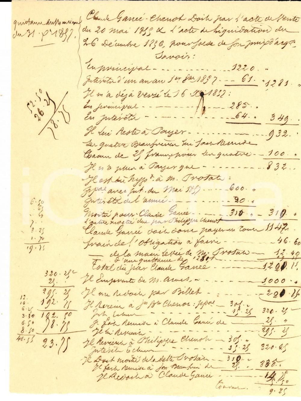 Documento originale, autentico 1855  ECHENON F Spese notarili di Claude GANEECHENOT per atto di vendita 1