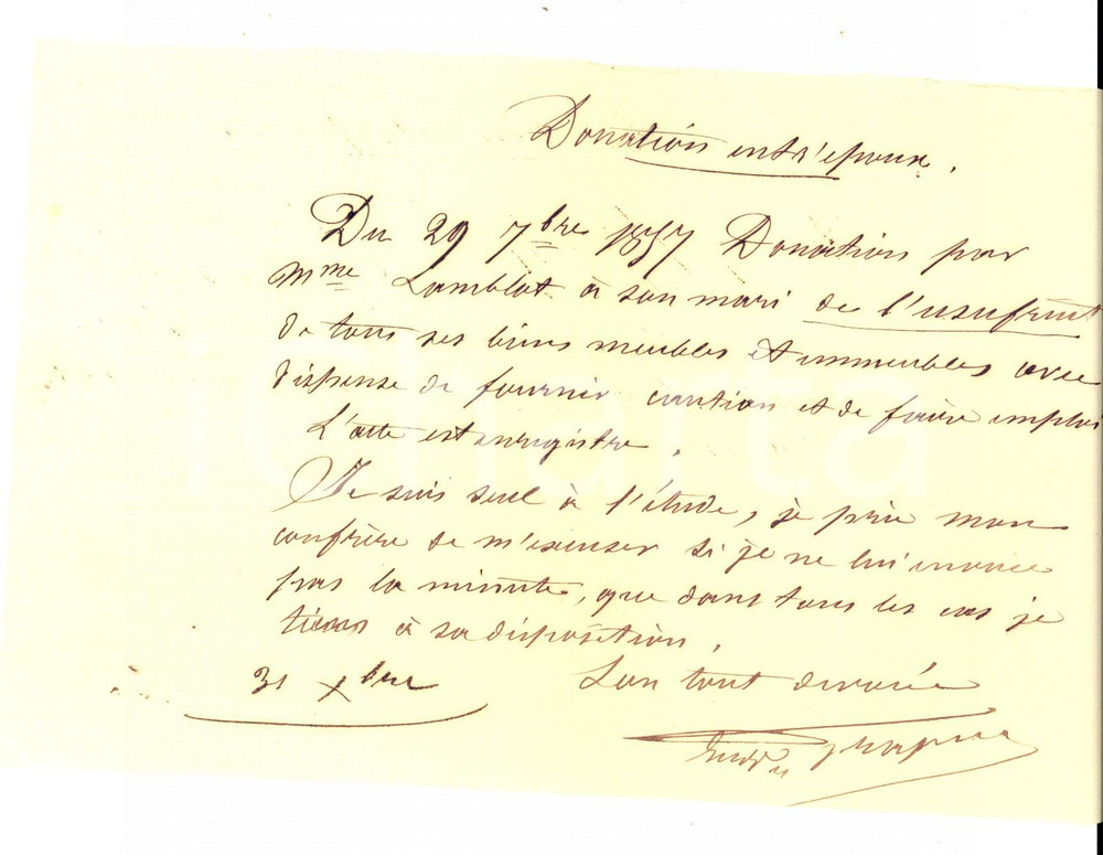 Manoscritto, lettera originale 1857 SAINTJEANDELOSNE Notaire CRAPIN seul Ã  l Ã©tude avec donation LAMBLAT 1