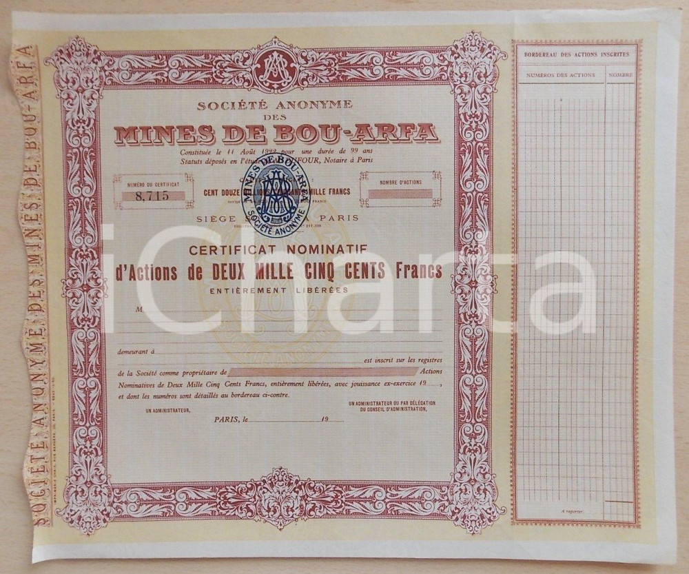 Oggetto da collezione cartaceo 1922 MINES DE BOUARFA MAROC Certificat nominatif 2500 francs 2 1