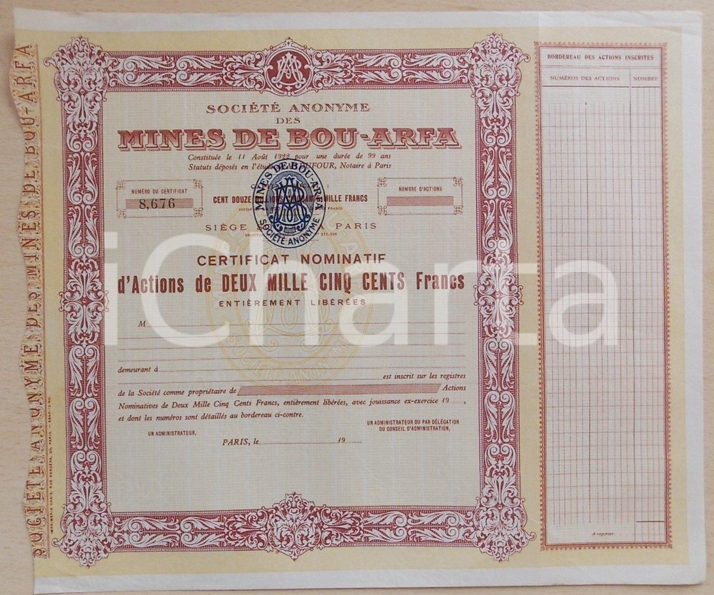 Oggetto da collezione cartaceo 1922 MINES DE BOUARFA MAROC Certificat nominatif 2500 francs 4 1