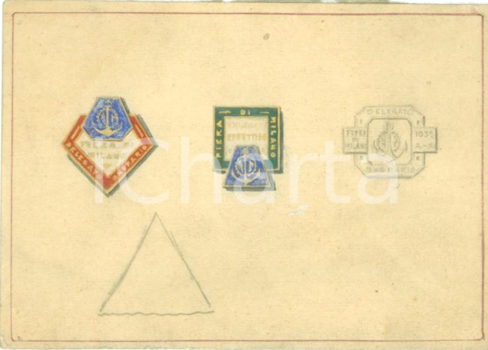 1932 MILANO Delegati per la FIERA Bozzetto DISEGNATO A MANO per distintivi