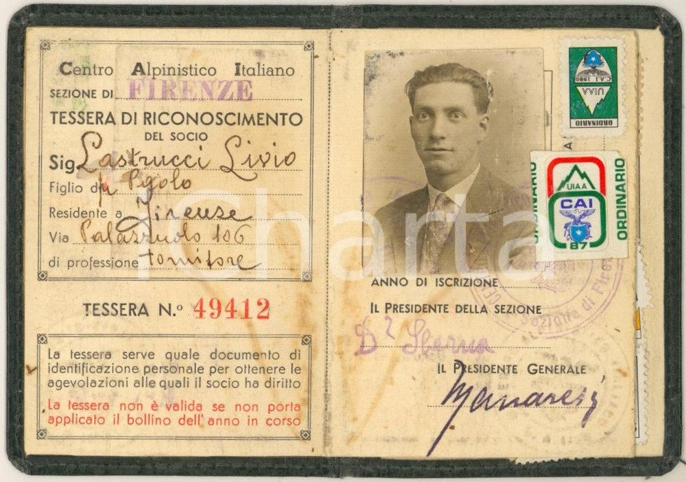 Oggetto da collezione cartaceo 1915 ca CAI  FIRENZE Tessera socio Livio LASTRUCCI  Con vera foto 1