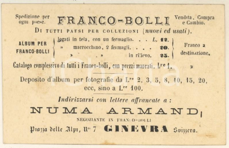 Oggetto da collezione cartaceo 1900 ca GINEVRA Piazza ALPI  NUMA Armand  Negoziante francobolli  Biglietto 1