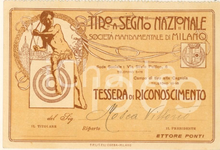 Oggetto da collezione cartaceo 1909 MILANO Poligono della CAGNOLA Tessera Vittorio Alberto MOSCA Tiro a segno 1