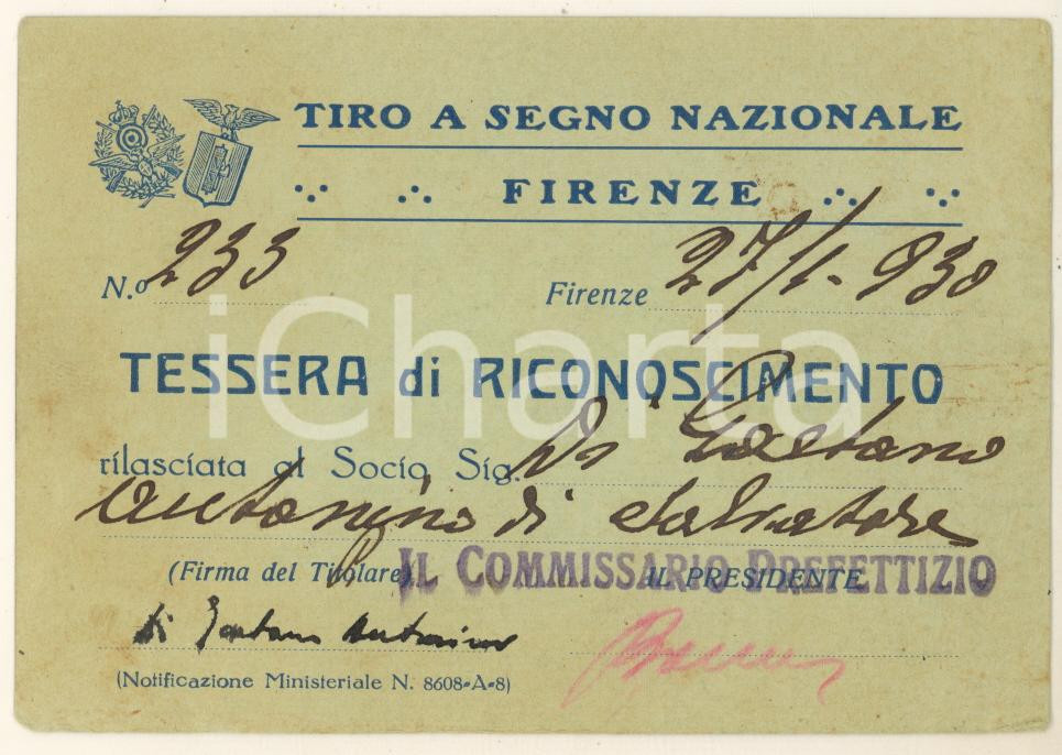 Oggetto da collezione cartaceo 1930 FIRENZE Tiro a Segno Nazionale  Tessera GAETANO Antonino di Salvatore 1