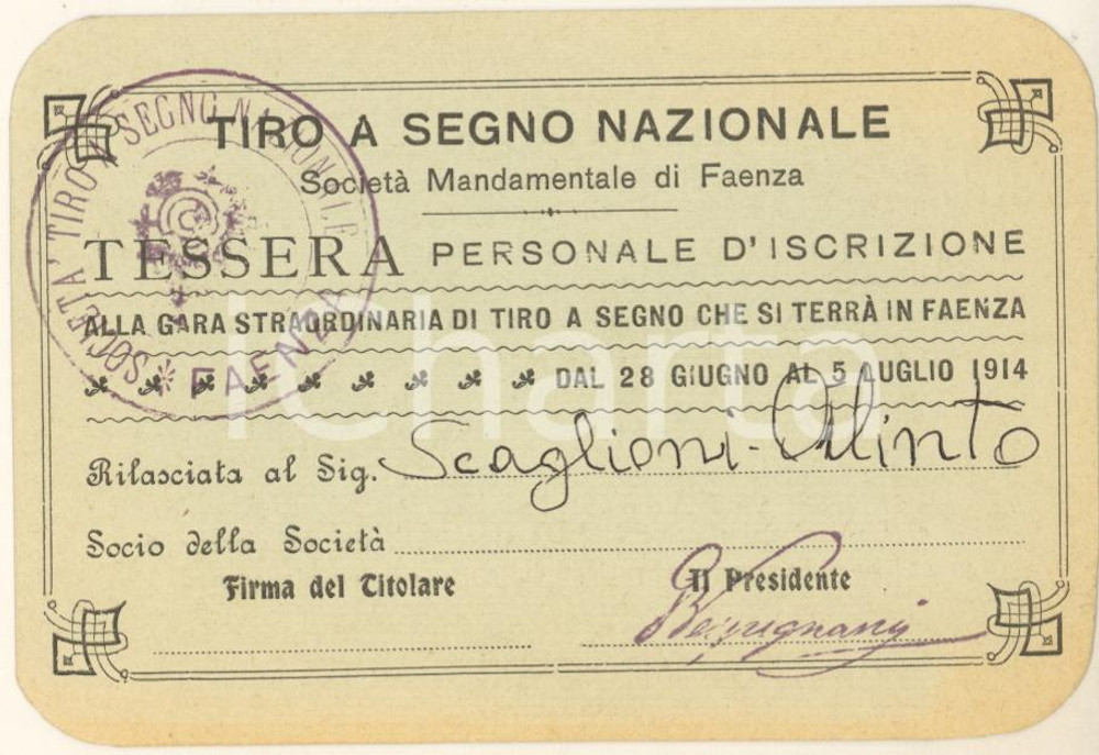 Oggetto da collezione cartaceo 1914 FAENZA Tiro a Segno Nazionale  Tessera iscrizione gara straordinaria 1
