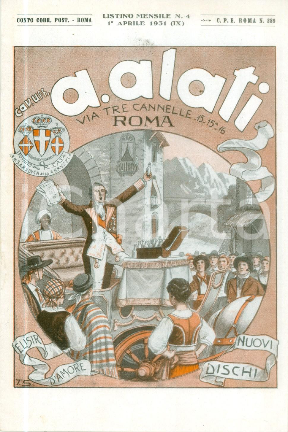 Materiale pubblicitario d’epoca Aprile 1931 ROMA Ditta Cav. ALATI Elisir d amore Listino mensile ILLUSTRATO 1