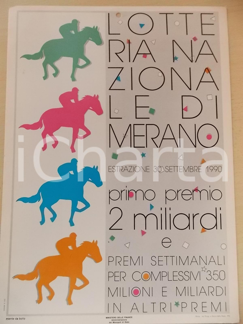 Oggetto da collezione cartaceo 1990 IPPICA Lotteria nazionale di MERANO Locandina illustrata MAGGI 25x35 cm 1