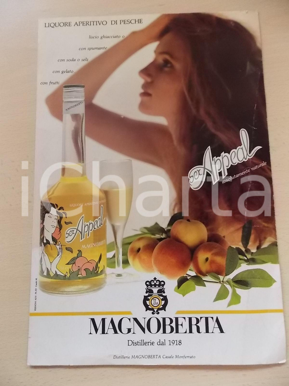 Materiale pubblicitario d’epoca 1970 ca Distillerie MAGNOBERTA Liquore di pesche SEX APPEAL Locandina 22x34 cm 1