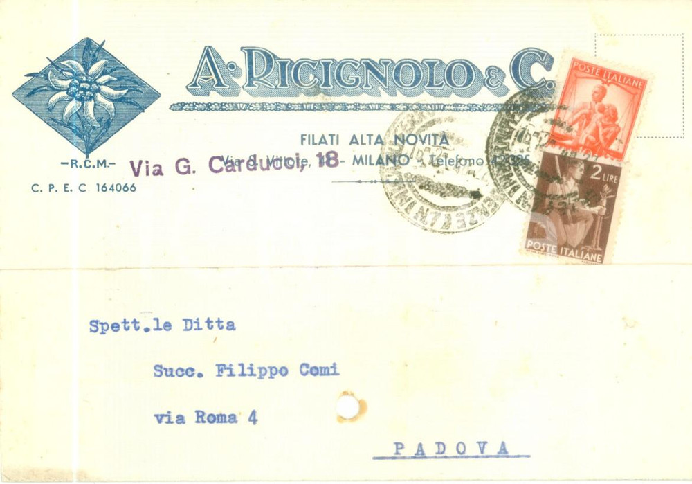 Cartolina originale da collezione 1948 MILANO Filati alta novitÃ  RICIGNOLO & C. Cartolina commerciale FG VG 1