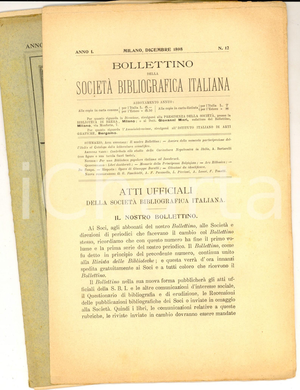 Giornale, rivista storica 1898 Bollettino SOCIETA  BIBLIOGRAFICA ITALIANA Italia e scienza n° 12 1