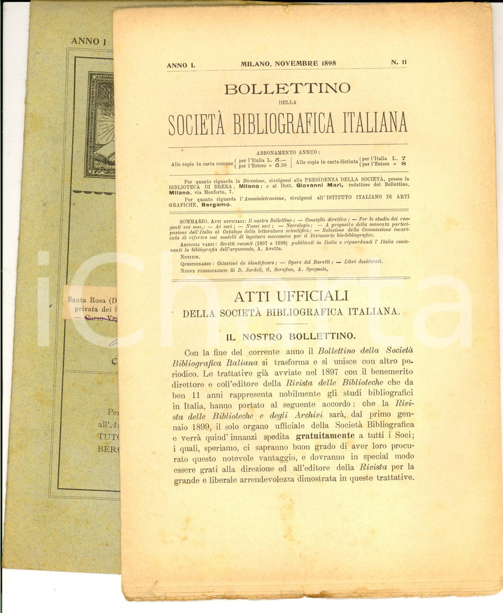 Giornale, rivista storica 1898 SOCIETA  BIBLIOGRAFICA ITALIANA Italia e catalogo letteratura scientifica 1