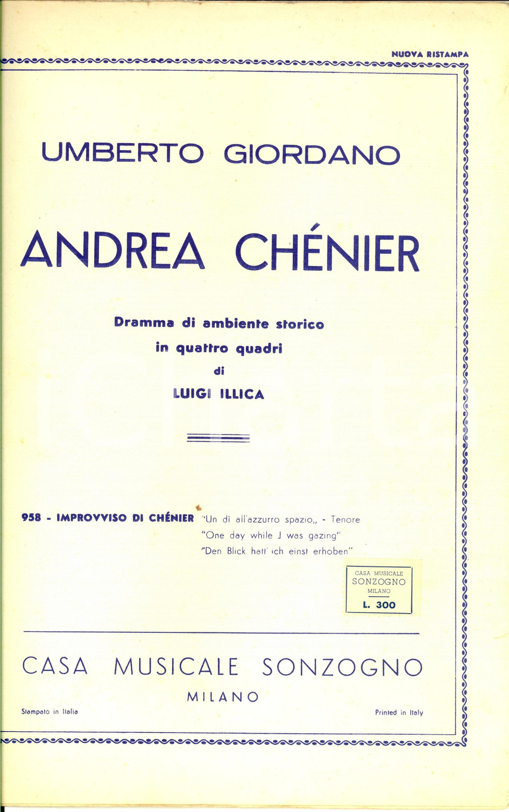 Oggetto da collezione cartaceo 1952 Umberto GIORDANO Andrea ChÃ©nier  Improvviso Spartito SONZOGNO 1