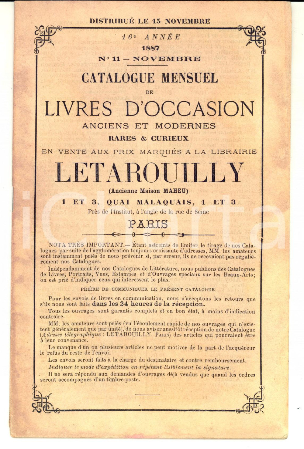 1887 PARIS Librairie LETAROUILLY Catalogue mensuel livres d'occasion rares  nÂ°11 CONDIZIONI: fair     originale e autentica 1