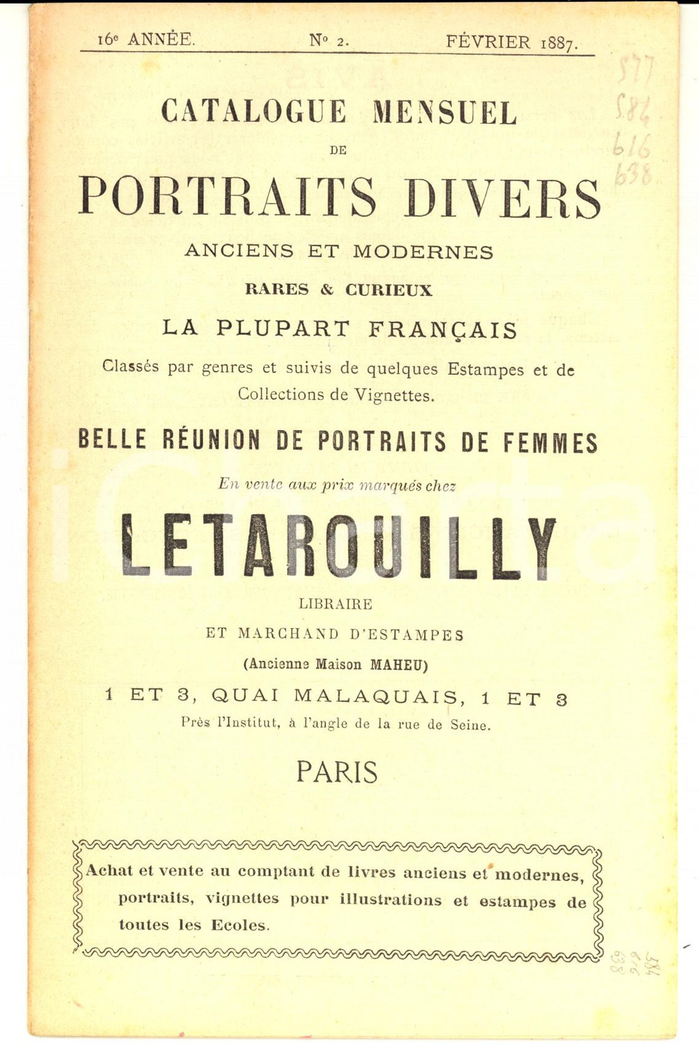 Libro, pubblicazione d epoca 1887 PARIS Librairie LETAROUILLY Catalogue portraits femmes rares et curieux n°2 1