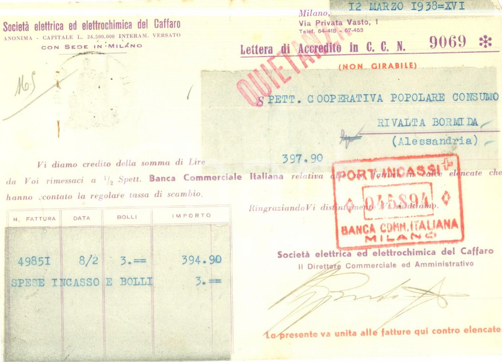 Documento originale, autentico 1938 MILANO SocietÃ  elettrica ed elettrochimica del CAFFARO Lettera di accredito 1