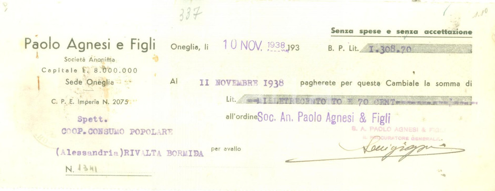 Documento originale, autentico 1938 ONEGLIA IM Paolo AGNESI & Figli Cambiale pubblicitaria 1