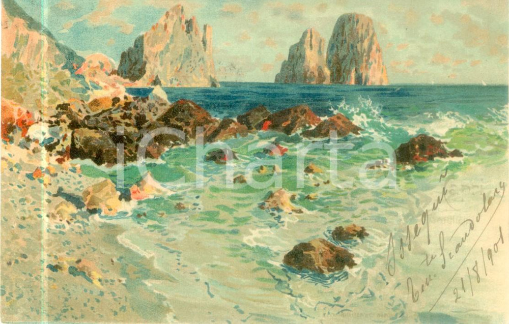 Cartolina originale da collezione 1901 CAPRI NA Panorama dei Faraglioni dalla spiaggia Cartolina ILLUSTRATA FP 1