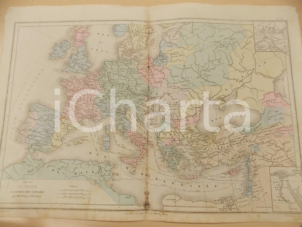 Stampa, bozzetto originale 1884 PARIS DRIOUX  LEROY Atlas universel Europe Ã  l Ã©poque des Croisades 46x32 1