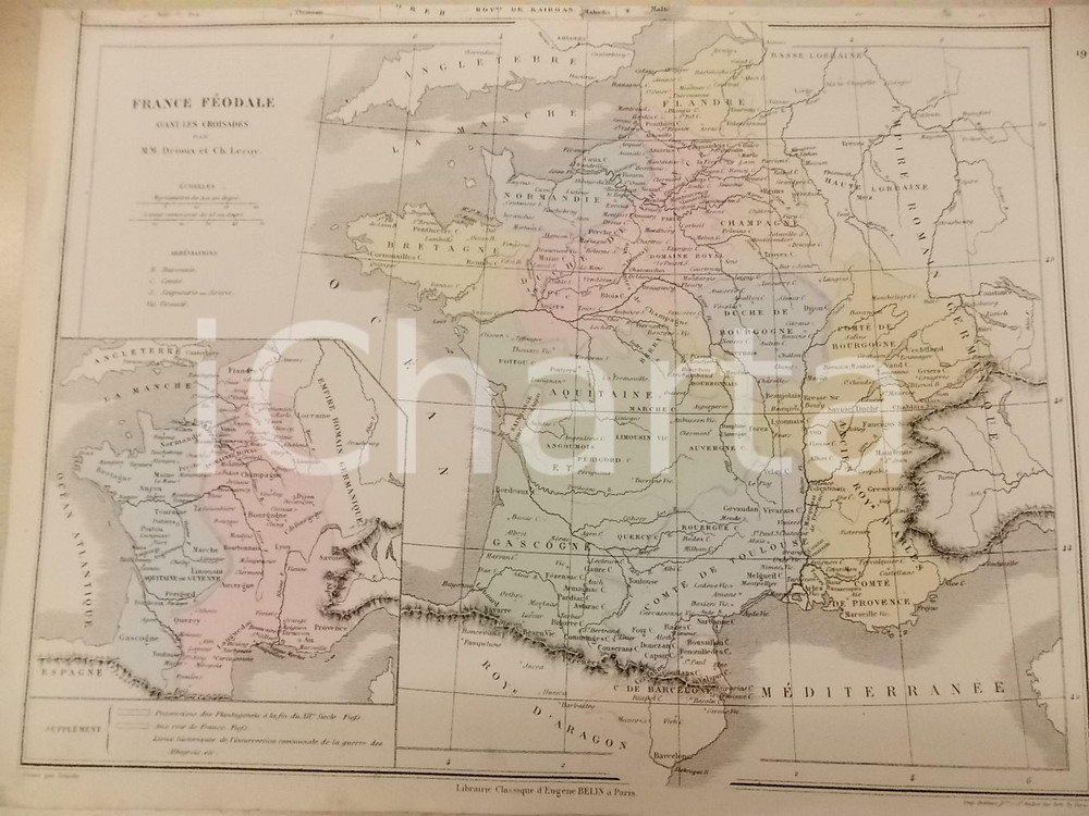 Stampa, bozzetto originale 1884 PARIS DRIOUX  LEROY Atlas universel France fÃ©odale ed. BELIN 32x23 cm 1