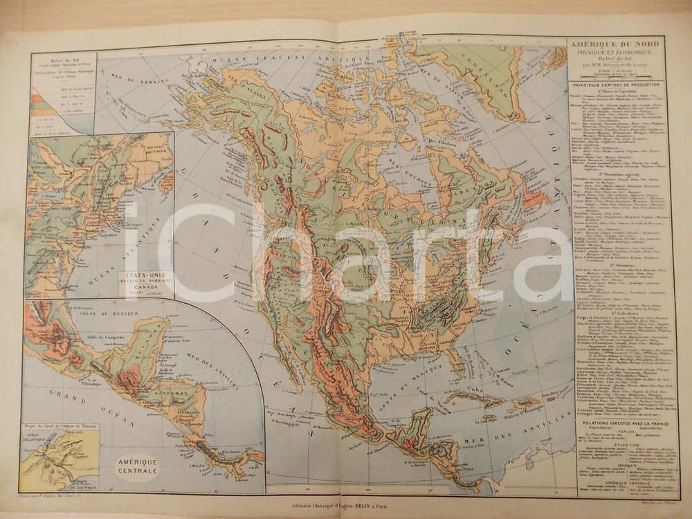 Stampa, bozzetto originale 1884 PARIS DRIOUX  LEROY Atlas universel Amérique du Nord 46x32 cm  Ed. BELIN 1