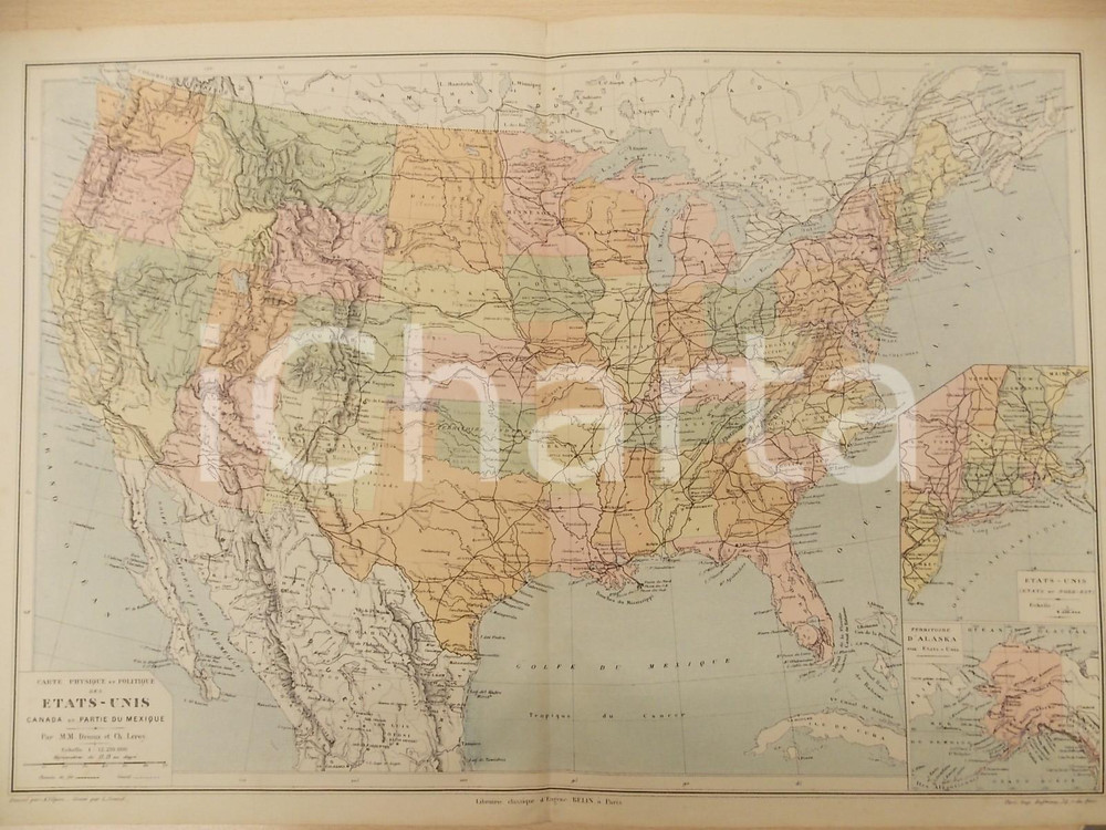 Stampa, bozzetto originale 1884 PARIS DRIOUX  LEROY Atlas universel EtatsUnis 46x32 cm  Ed. BELIN 1