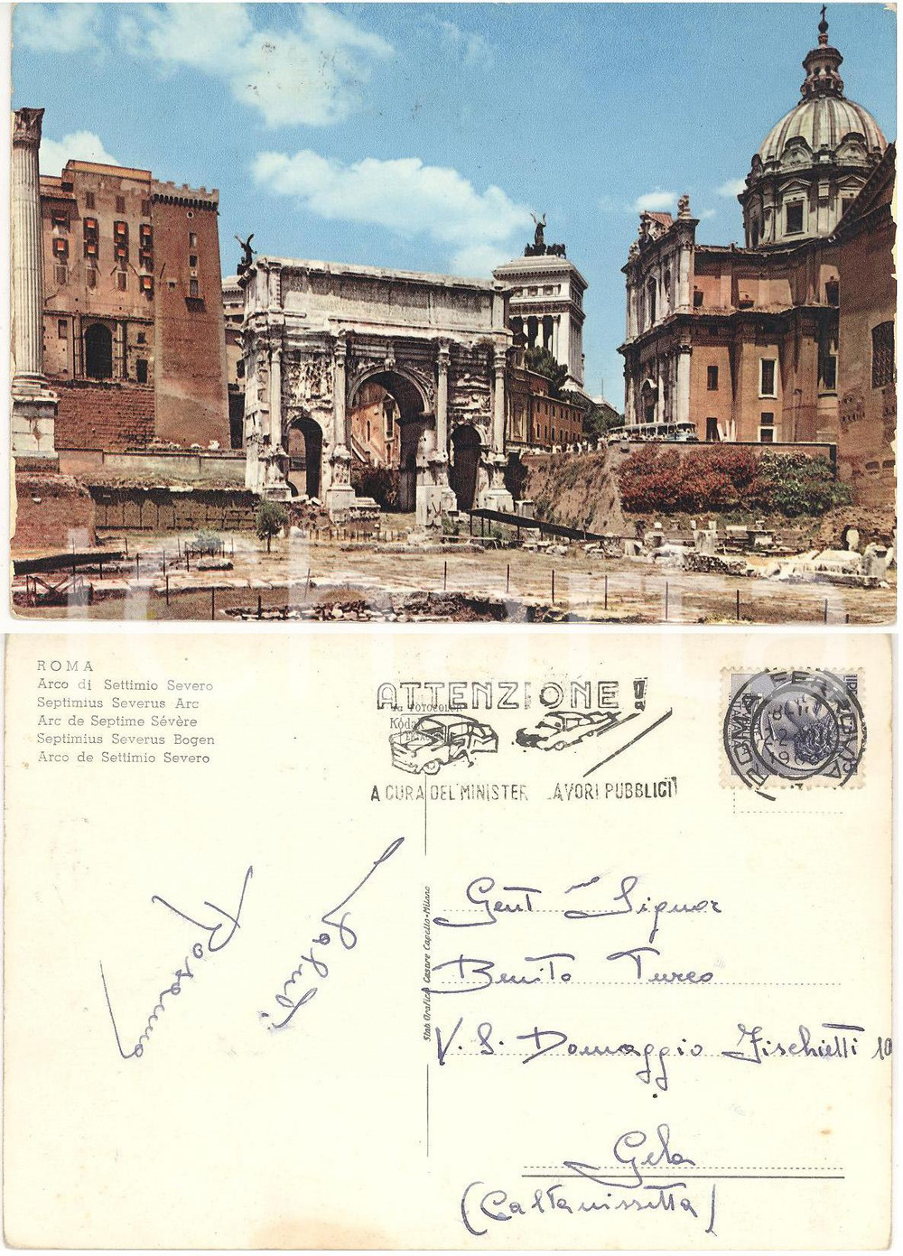 Materiale pubblicitario d’epoca 1966 ROMA Arco Settimio Severo Cartolina TIMBRO PUBBLICITARIO Attenzione! 1