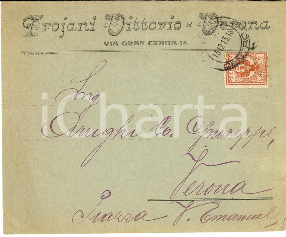 Documento originale, autentico 1913 STORIA POSTALE REGNO VERONA Vittorio TROJANI Busta intestata 1