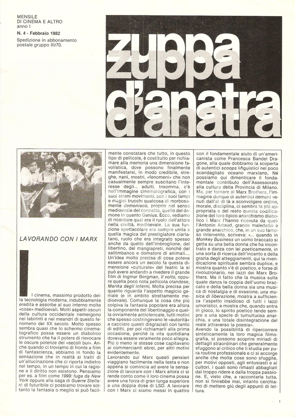 Giornale, rivista storica 1982 MILANO Obraz Cinestudio ZUPPA D ANATRA n.4 Fratelli MARX Rivista di cinema 1