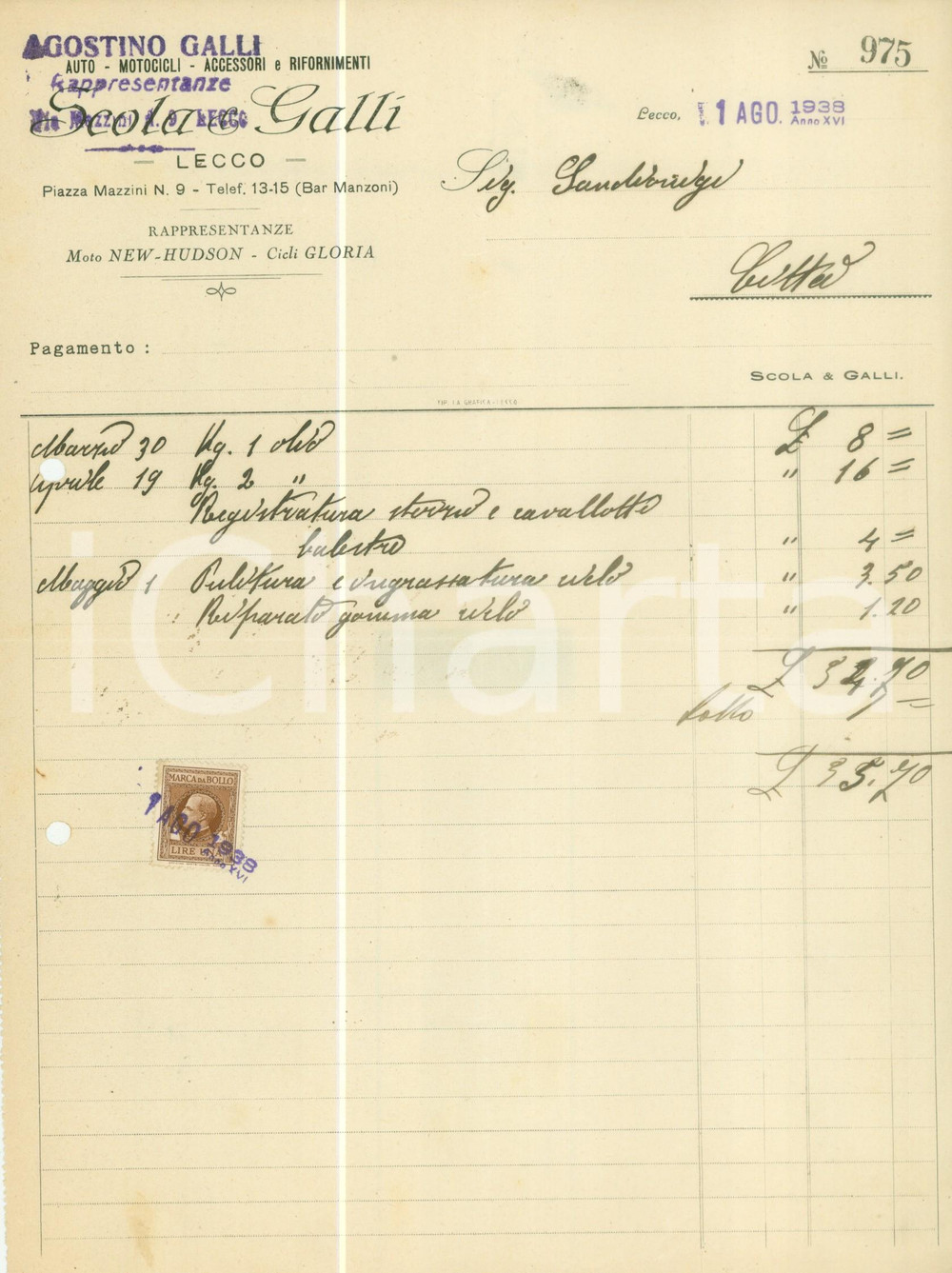 Documento originale, autentico 1938 LECCO Agostino GALLI Auto motocicli accessori e rifornimenti Fattura 1