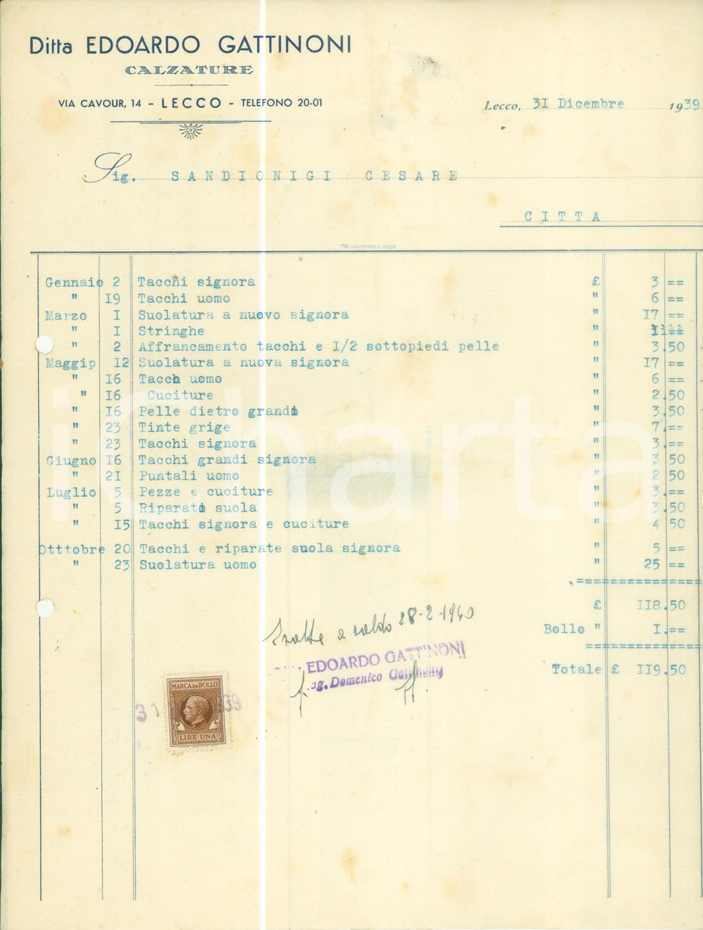 Documento originale, autentico 1939 LECCO Calzature Ditta Edoardo GATTINONI Fattura commerciale 1