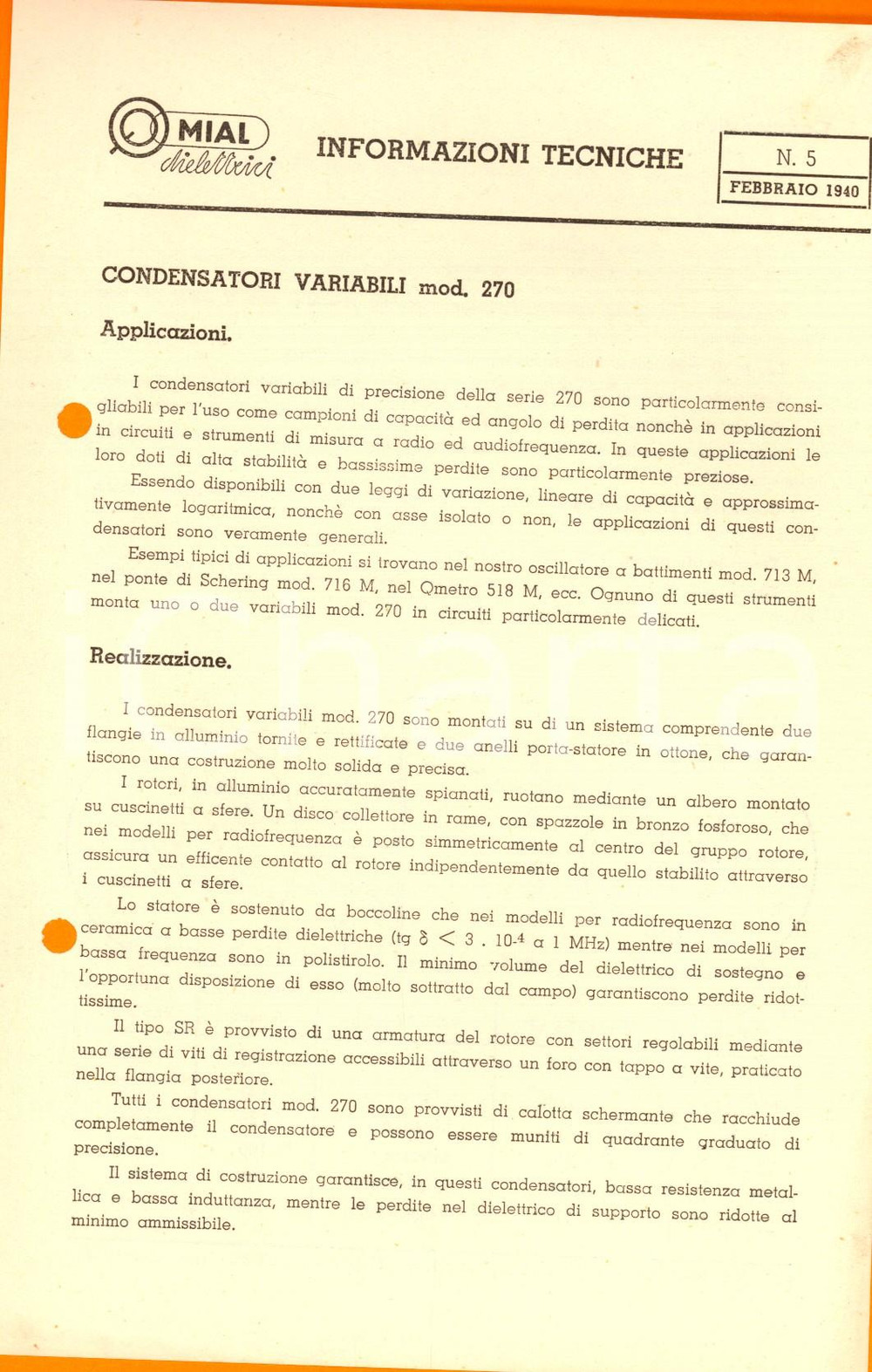 Materiale pubblicitario d’epoca 1940 MILANO Ditta MIAL  Condensatori variabili mod. 270 Volantino tecnico 1
