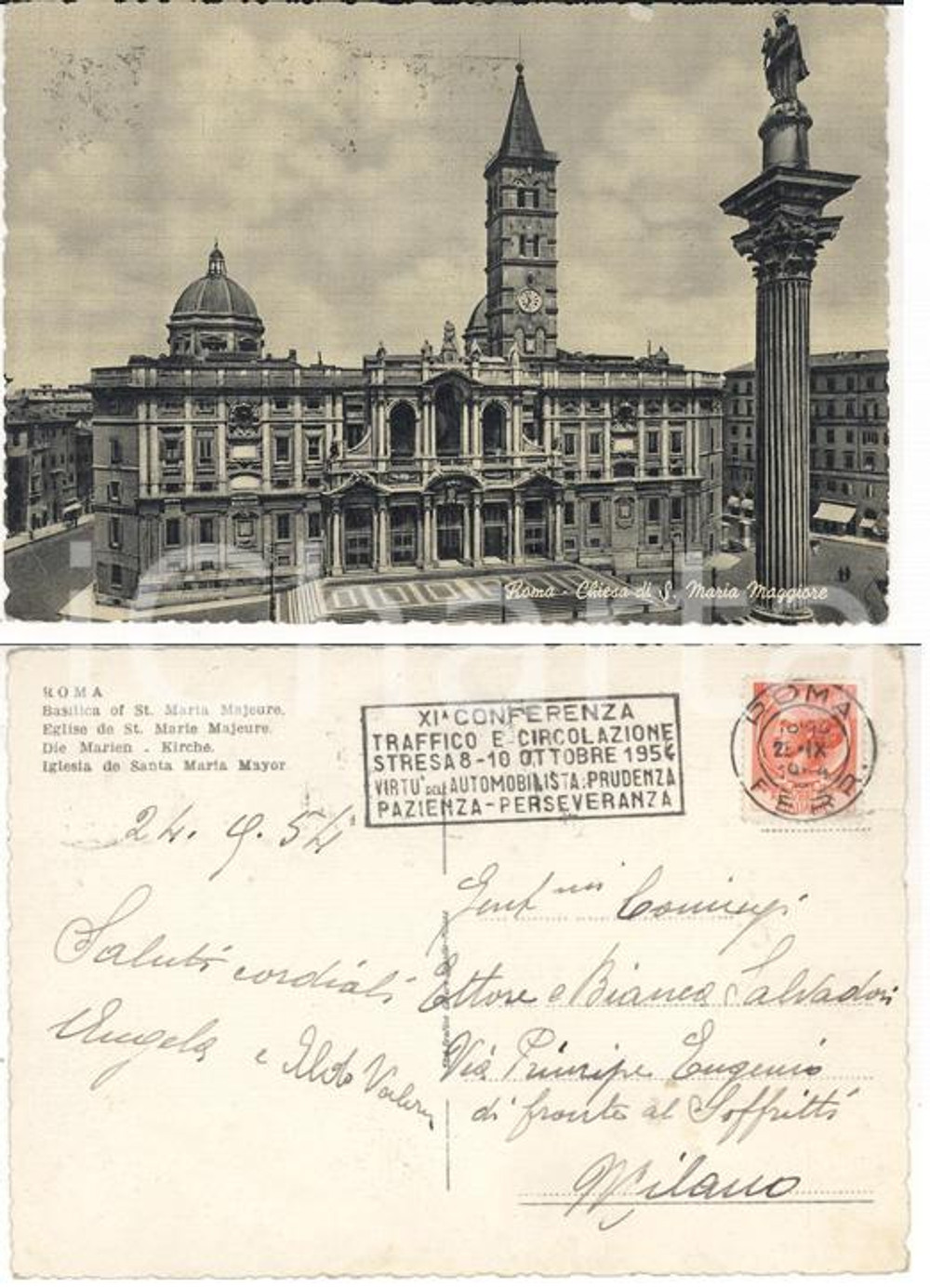 Cartolina originale da collezione 1954 ROMA Santa Maria Maggiore Cartolina TIMBRO XI Conferenza Traffico STRESA 1