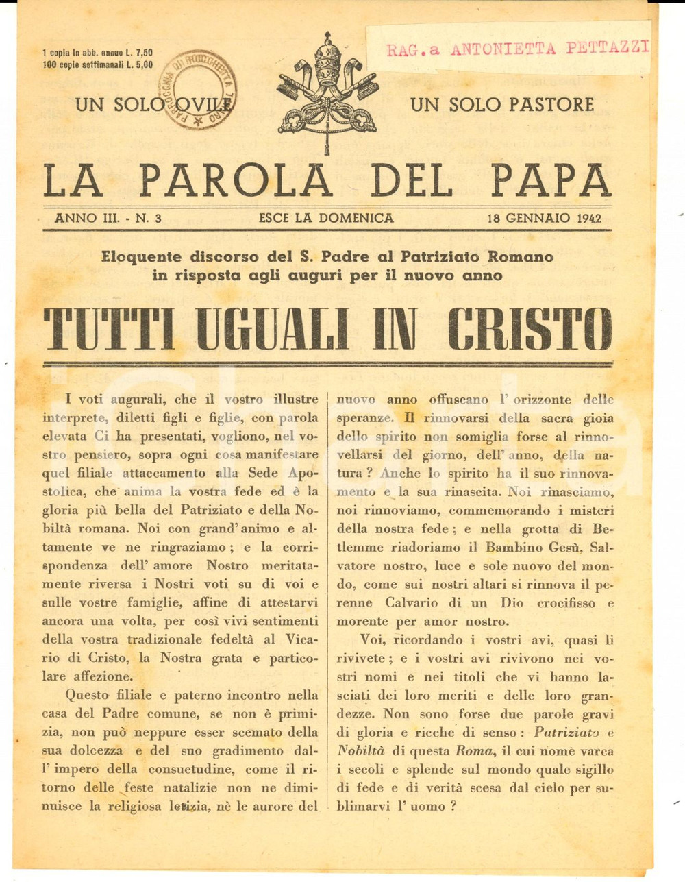 Giornale, rivista storica 1942 LA PAROLA DEL PAPA Tutti uguali in Cristo Bollettino anno III nÂ°3 1