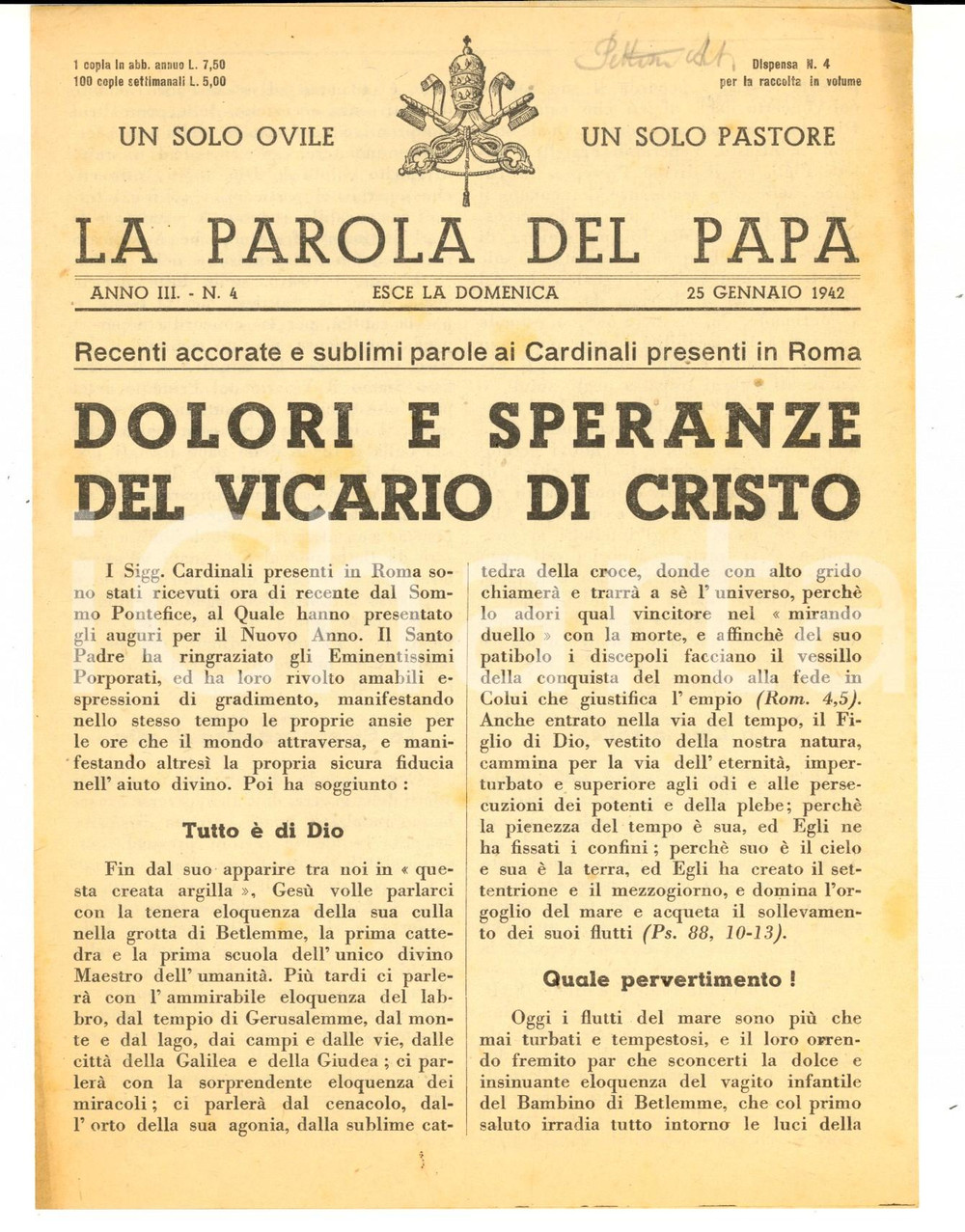 Giornale, rivista storica 1942 LA PAROLA DEL PAPA Dolori e speranze del Vicario di Cristo Anno III nÂ°4 1