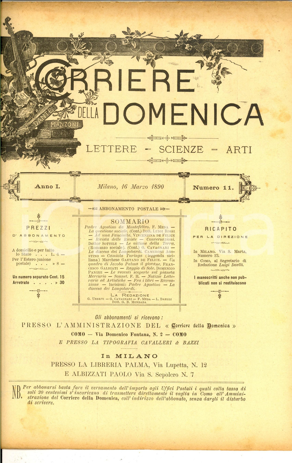 Giornale, rivista storica 1890 CORRIERE DELLA DOMENICA Padre Agostino da Montefeltro Anno I nÂ° 11 1