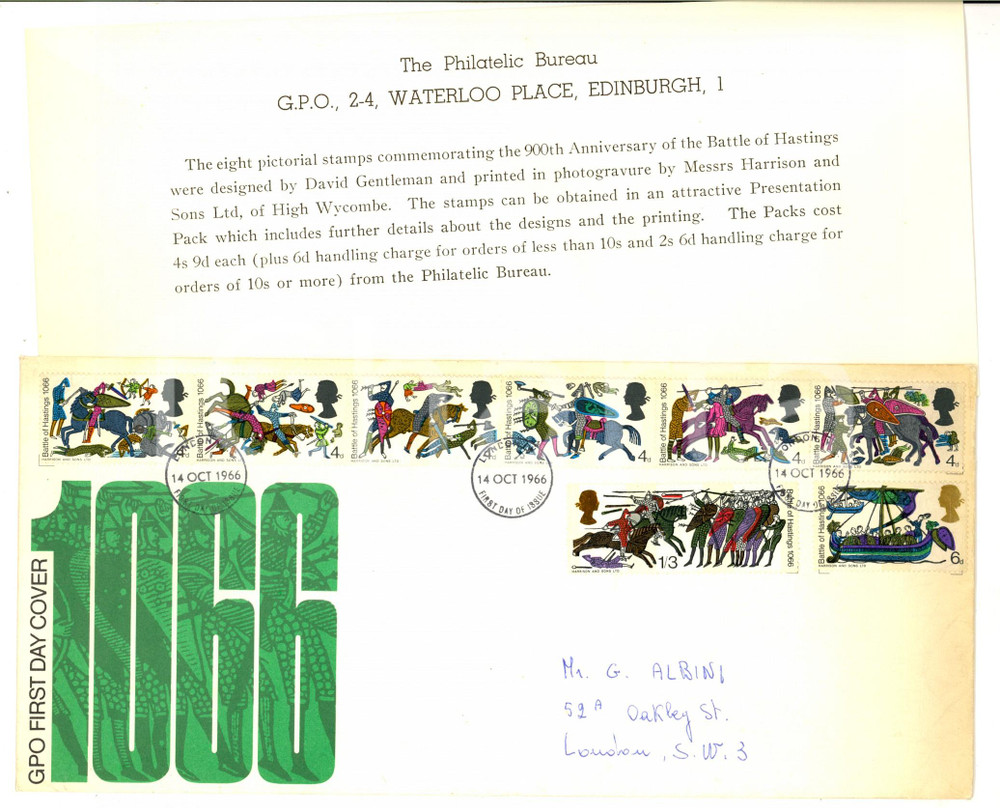 Materiale pubblicitario d’epoca 1966 LONDON Battle of Hastings 1066 First Day of Issue  Long card letter 1