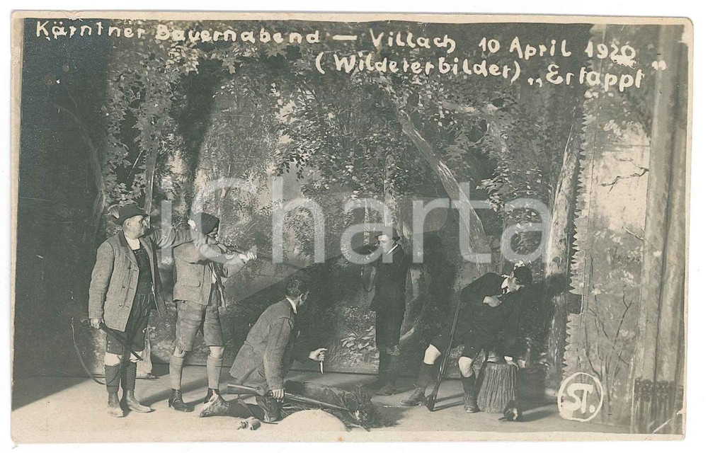 Fotografia d epoca originale 1920 Villach Kärntner Bauernabend scena teatrale Wildererbilder Ertappt Photo 1