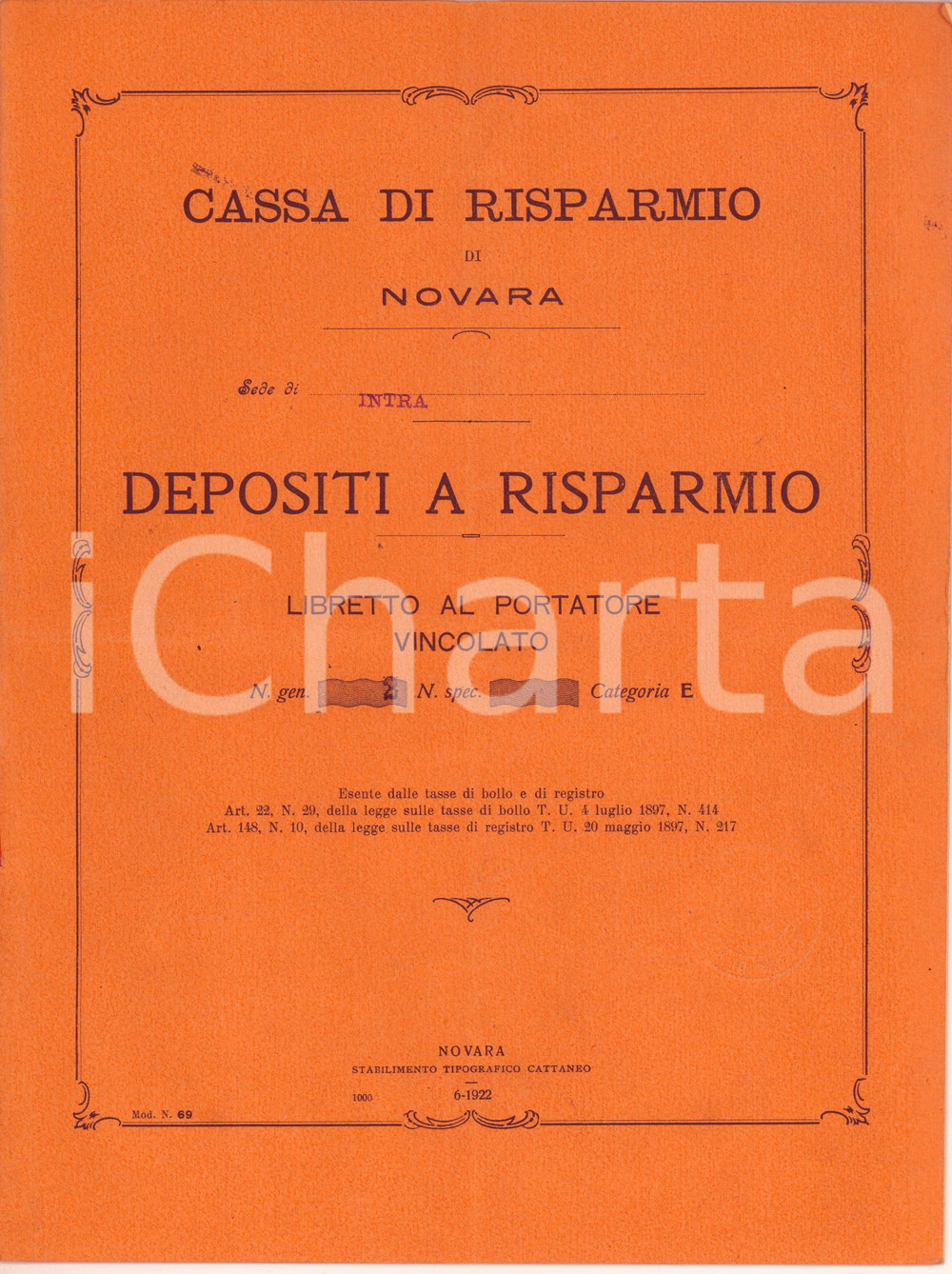 Oggetto da collezione cartaceo 1922 VERBANIA INTRA Cassa di Risparmio di Novara  Libretto al portatore 1
