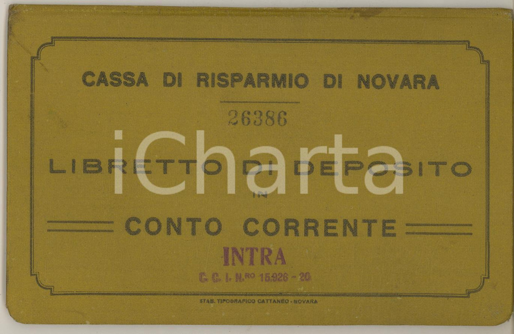 Oggetto da collezione cartaceo 1926 VERBANIA INTRA Cassa di Risparmio di Novara  Libretto di deposito 1